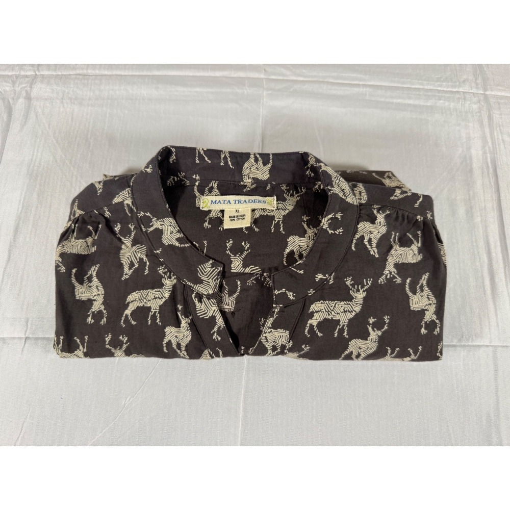Mata Traders Womens XL Brown Cotton Deer Print Button Tab Sleeve Tunic Top